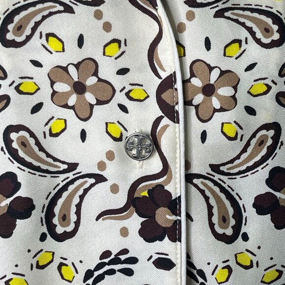 Tory Burch Women's White Brown Button Down Short Sleeve Pattern Shirt Silk 0 - Picture 8 of 10